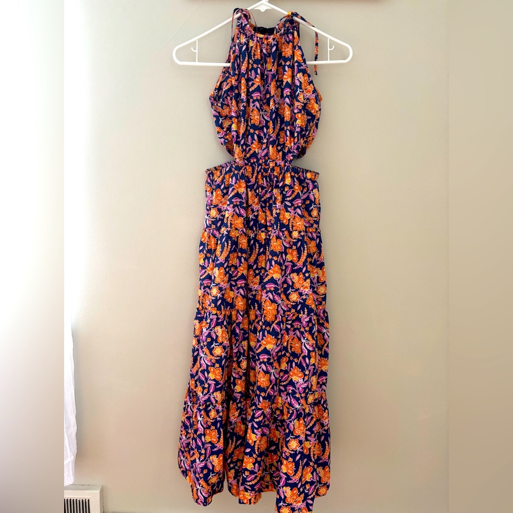 J. Crew Maxi Dress with Side Cutouts & Halter- Bright Orange and Blue Floral